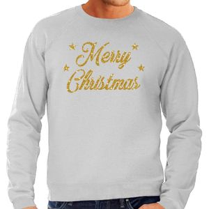 Kersttrui Merry Christmas gouden glitter letters grijs heren