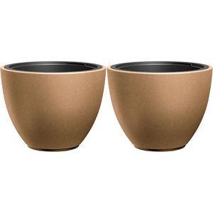 Plantenpot/bloempot Sevilla - 2x - buiten/binnen - kunststof - hout/beige - D39 x H30 cm