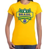 Brazilie / Brasil schild supporter t-shirt geel voor dames - thumbnail