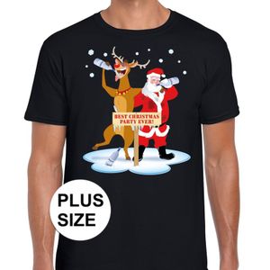 Grote maten Kerst t-shirt dronken kerstman en Rudolf zwart