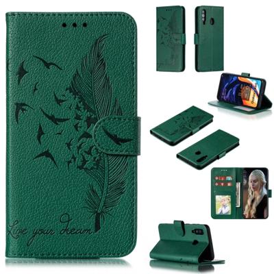 Feather patroon Litchi textuur horizontale Flip lederen draagtas met portemonnee & houder & kaartsleuven voor Galaxy A60 (groen)