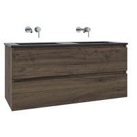 Adema Chaci Badkamermeubelset - 120x46x57cm - 2 keramische wasbakken zwart - zonder kraangaten - 2 lades - noten (hout) SW1212779/SW773933 Adema Chaci Badkamermeubelset - 120x46x57cm - 2 keramische wasbakken zwart - zonder kraangaten - 2 lades - noten (hout) SW1212779/SW773933