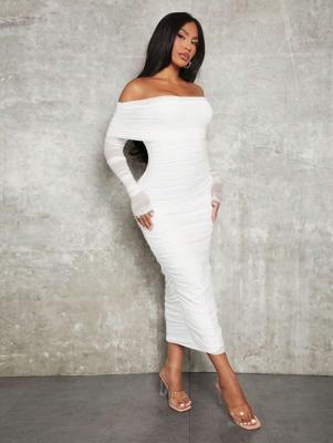 Apricot Off Shoulder Ruched Mesh Bodycon Prom Party Dress White / L