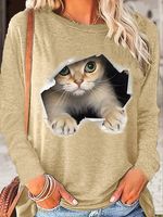 Women's Funny 3D Cat Print Crew Neck Top