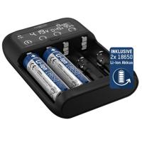 Ansmann Lithium 4 Universalladegerät mit 2x 18650 Akkuzellen (2600mAh) Oplader Li-ion, LiFePO4, NiMH 18500, 18650, 14500, 16340, 17670, 22650, 26650