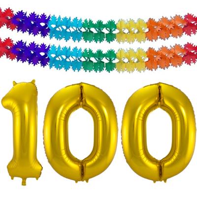 Folie ballonnen - Leeftijd cijfer 100 - goud - 86 cm - en 2x feestslingers - verjaardag versiering