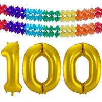 Folie ballonnen - Leeftijd cijfer 100 - goud - 86 cm - en 2x feestslingers - verjaardag versiering