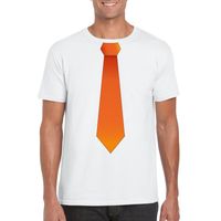 Wit t-shirt met oranje stropdas heren - thumbnail