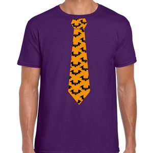 Halloween thema verkleed feest stropdas t-shirt vleermuizen paars heren