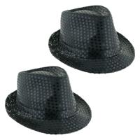 Carnaval verkleed hoedje - 2x - Trilby - zwart - glitter pailletten - heren/dames - Carnaval