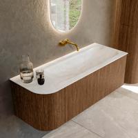 Mondiaz KURVE-DLUX 125 cm Onderkast Greeploos 1 Lade Met Deuren Walnut, Wastafel Solid Surface Rechts Ostra 0 Kraangaten Zonder Spiegel (KRVBGM125L1L1D0KR-Wal/Ost)
