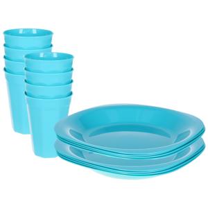 Verjaardag/kinder/camping borden/beker set - 16x stuks - blauw - kunststof - onbreekbaar