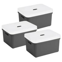 Sunware opbergbox met deksel - 3x - Sigma Home - kunststof - 13 liter - antraciet - opberg dozen