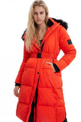 Lange gewatteerde jas met ceintuur - ORANGE - L