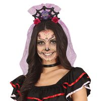 Halloween verkleed diadeem - sluier met bloemen - one size - lila paars - thumbnail