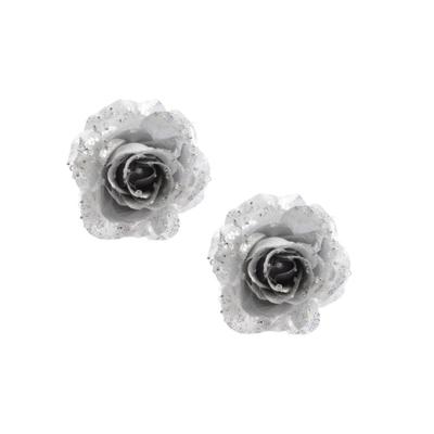 Kerstboomversiering Bloem - 4x stuks - 12 cm - zilver - op clip - ornament - roos