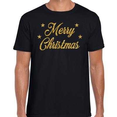 Foute Kersttrui t-shirt - Merry Christmas - zwart - met gouden glitter letters - heren