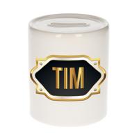Spaarpot met voornaam Tim - wit - goud/zwart embleem - 8 x 9 cm - keramiek - afsluitdop