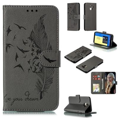Feather patroon Litchi textuur horizontale Flip lederen draagtas met portemonnee & houder & kaartsleuven voor Galaxy J6 (2018) (grijs)