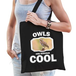 Katoenen tasje owls are serious cool zwart - uilen/ steenuil cadeau tas