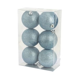 6x stuks kunststof glitter kerstballen ijsblauw 8 cm   -