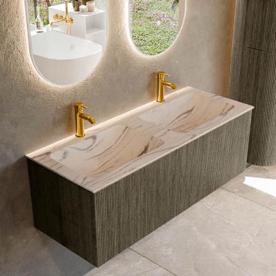 Badmeubel Mondiaz Kurve-Dlux | 120 cm | Meubelkleur Shadow | Wastafelkleur Nata | Solid surface | Wasbak beide zijden spoelbak | 2 kraangaten