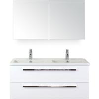 Seville Badmeubelset 120 cm - 2 Laden Wit Hoogglans - Wastafel Djazz Dubbel met Spiegelkast