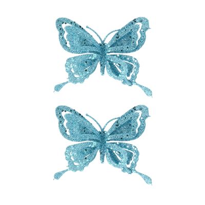 3x stuks decoratie vlinders op clip glitter ijsblauw 14 cm