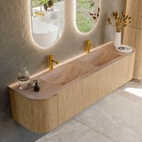 Badmeubel Mondiaz Kurve-Dlux | 180 cm | Meubelkleur Oak | Wastafelkleur Saba | Solid surface | Wasbak beide zijden spoelbak | 2 kraangaten