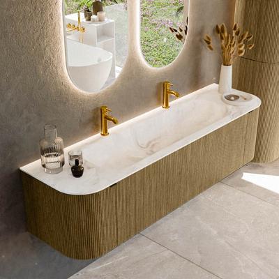 Badmeubel Mondiaz Kurve-Dlux | 170 cm cm | Meubelkleur Dusk | Wastafelkleur Frappe | Solid surface | Wasbak midden spoelbak | 2 kraangaten
