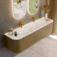 Badmeubel Mondiaz Kurve-Dlux | 170 cm cm | Meubelkleur Dusk | Wastafelkleur Frappe | Solid surface | Wasbak midden spoelbak | 2 kraangaten