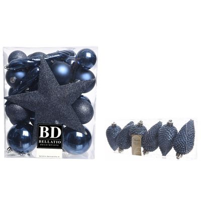 Kerstversiering kunststof kerstballen met piek donkerblauw 5-6-8 cm pakket van 39x stuks