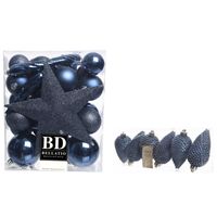 Kerstversiering kunststof kerstballen met piek donkerblauw 5-6-8 cm pakket van 39x stuks