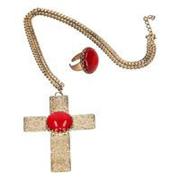 Verkleed Sinterklaas ketting en ring set goud/rood kruis voor heren/volwassenen   - - thumbnail