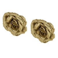 2x stuks decoratie bloemen roos goud glitter op clip 18 cm