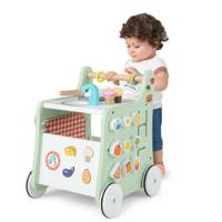 6-In-1 Houten Kinderwagen Leer Speelgoed voor Peuters Speelkeuken Les Klok Bewegende Schuifregelaar voor Kinderen Vanaf 12 Maanden