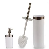 WC-/toiletborstel en houder 38 cm met zeeppompje 350 ml wit/zilver - Badkameraccessoireset - thumbnail