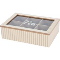 Theedoos - 6-vaks - beige/bruin - hout - 24 x 16 x 7 cm - theekist - glazen deksel