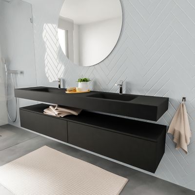 Mondiaz Alan badmeubel 200 cm urban 2 lades vrijhangend wastafel dubbel 2 kraangaten zwart