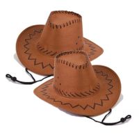 2x stuks bruine leren kinder verkleed cowboyhoed