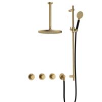 Hotbath Cobber - CB7067 - Inbouw Regendoucheset - Geborsteld Messing - 2 Stopkranen - Thermostatisch - Plafondbuis 30 cm - Hoofddouche 300 mm - Ronde Handdouche 3 Standen - met M106 - Waterbesparend - V02