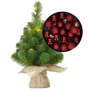 Mini kunst kerstboom - H45 cm - met verlichting en kerstballen - donkerrood - kunstboom