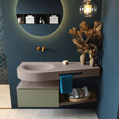 MONDIAZ RIVA 120cm badmeubel onderkast / planchet kleur Army met 1 lade. Wastafel DULCET links 0 kraangaten kleur Smoke.