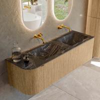 Badmeubel Mondiaz Kurve-Dlux | 145 cm | Meubelkleur Oak | Wastafelkleur Lava | Solid surface | Dubbele spoelbak | Zonder kraangat(en)