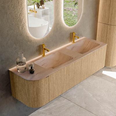 Badmeubel Mondiaz Kurve-Dlux | 155 cm | Meubelkleur Oak | Wastafelkleur Saba | Solid surface | Dubbel / Rechts spoelbak | 2 kraangaten