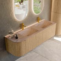 Badmeubel Mondiaz Kurve-Dlux | 155 cm | Meubelkleur Oak | Wastafelkleur Saba | Solid surface | Dubbel / Rechts spoelbak | 2 kraangaten
