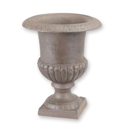 A CAST IRON GARDEN URN - BROWN