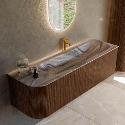 Badmeubel Mondiaz Kurve-Dlux | 145 cm | Meubelkleur Walnut | Wastafelkleur Sombra | Solid surface | Wasbak rechter zijde spoelbak | 1 kraangat