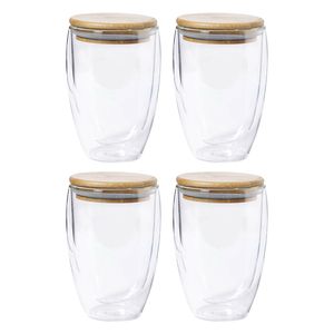 Thermische koffieglazen/theeglazen dubbelwandig - 4x - met bamboe deksel - 350 ml - Koffie- en theeglazen
