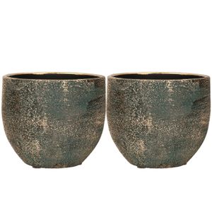 Set van 2x stuks luxe plantenpotten/bloempotten blauw/goud Madeira van keramiek 14 cm